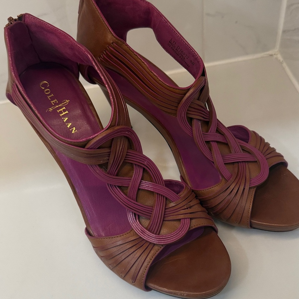 Cole Haan Vivian Brown/Pink Strappy Stiletto Heel Zipper Sandals - Size 9 B